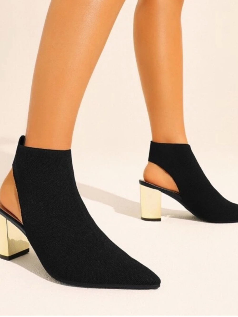 Lightly Used: Cuccoo Black Knit Pointed Toe Slingback Gold Block Heels - Size 39